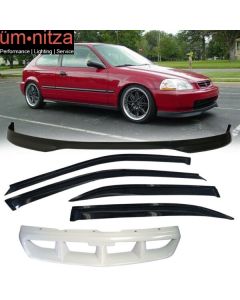 Fits 96-98 Honda Civic 4Dr Front Bumper Lip + Front Grill + Sun Window Visor