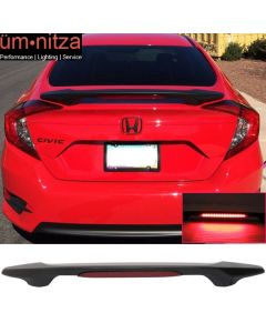 Fits 16-18 Honda Civic X Sedan OE Style Unpainted Trunk Spoiler LED Brake Light