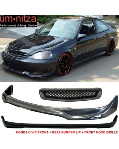 Fits 96-98 Honda Civic 3Dr Front + Rear Bumper Lip + Hood Grill