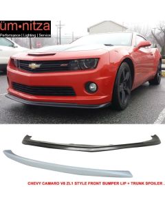 Fits 10-13 Camaro V8 Type Urethane Front Bumper Lip + Rear Trunk Spoiler Wing