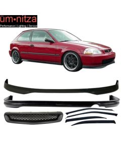 Fit 96-98 Honda Civic Front + Rear Bumper Lip + Front Grille + 4PC Window Visors