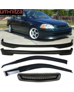 Fits 96-98 Honda Civic TR PP Front + Rear Bumper Lip + Grille + 2PC Window Visor