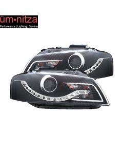 Fits 06-09 Audi A3 Projector Headlights Lamp Black Clear & R8 Style LED Strip