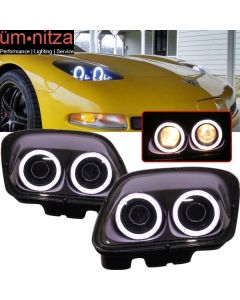 Fits 97-04 Chevy Corvette C5 Headlights Projector Lamp Black Dual LED Halo Rims