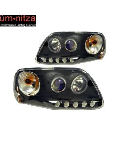 Fits 97-02 03 Ford F150 LED Halo Projector Headlights Black