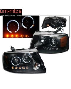 Fits 04-08 Ford F150 1Pc Halo LED Projector Headlights Black