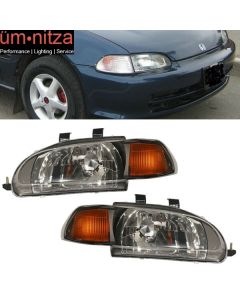 Fits 92-95 Honda Civic 4Dr Sedan Amber JDM Style Pair Glass Lens Headlights Lamp