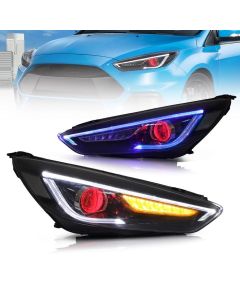 VLAND LED Headlights for Ford Focus 2015-2017 with Blue DRL and Red Demon Eyes Sequential