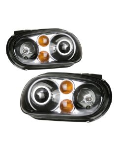 99-05 VW Golf MK4 ECode Projector Glass Lens Headlights Black Frame Amber Signal