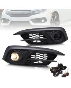 Bumper Fog Lights For 2016 2017 Honda Civic Sedan Coupe (Clear Glass Lens w/Wiring Kit &amp; Switch)