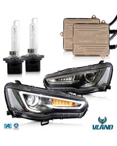 VLAND Dual Beam Projector Headlights and 2PCs D2H Xenon Bulbs for Mitsubishi Lancer EVO X 2008-2018 (Regular Projector. LHD and RHD Versions)