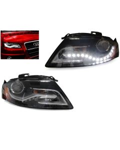 2009-2012 Audi A4 B8 Chassis 4D Sedan & 5D Wagon Halogen Model DEPO True OEM RS4 Style LED Black Housing Clear Lens Projector Headlights w/ LED Strip & Amber Corner Reflector DOT